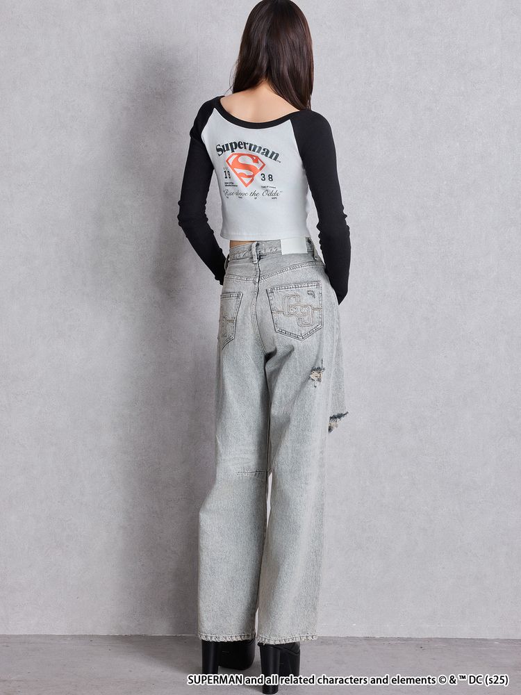 GYDA ハイウエストGG Stitch Barrel Leg ダメージデニムパンツ