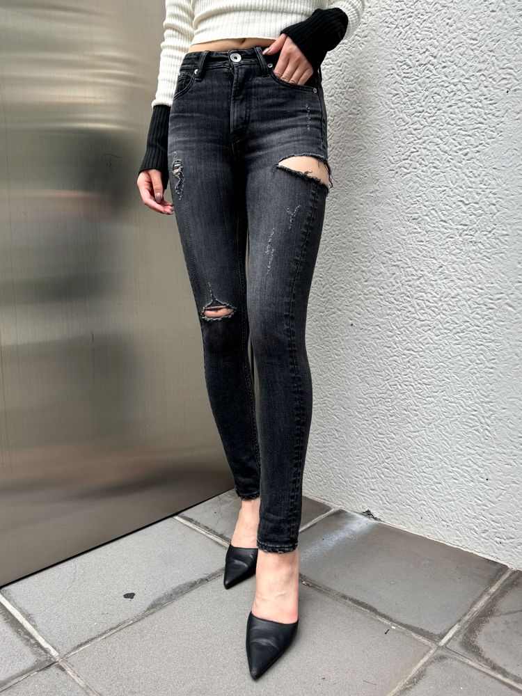 SALE】GYDA ミドルウエストSIDE RIPPEDスキニーデニムパンツ