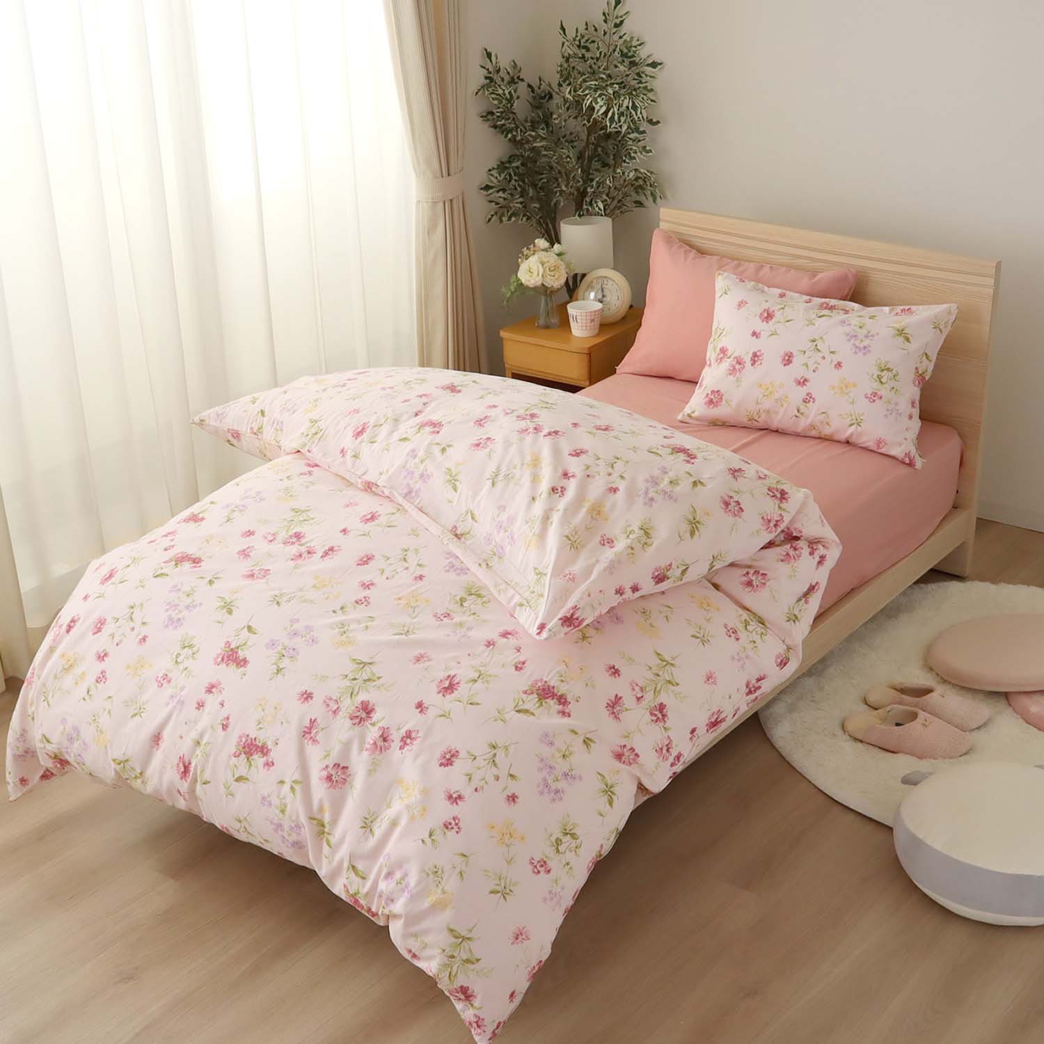 両サイドファスナー 掛ふとんカバー ピンク ブルー 綿100％ ボタニカルガーデン 着脱簡単