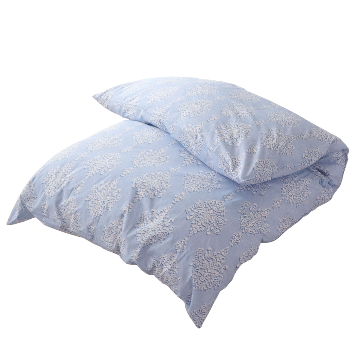 両サイドファスナー 掛ふとんカバー ブルー ベージュ 綿100％ ダマスク 着脱簡単