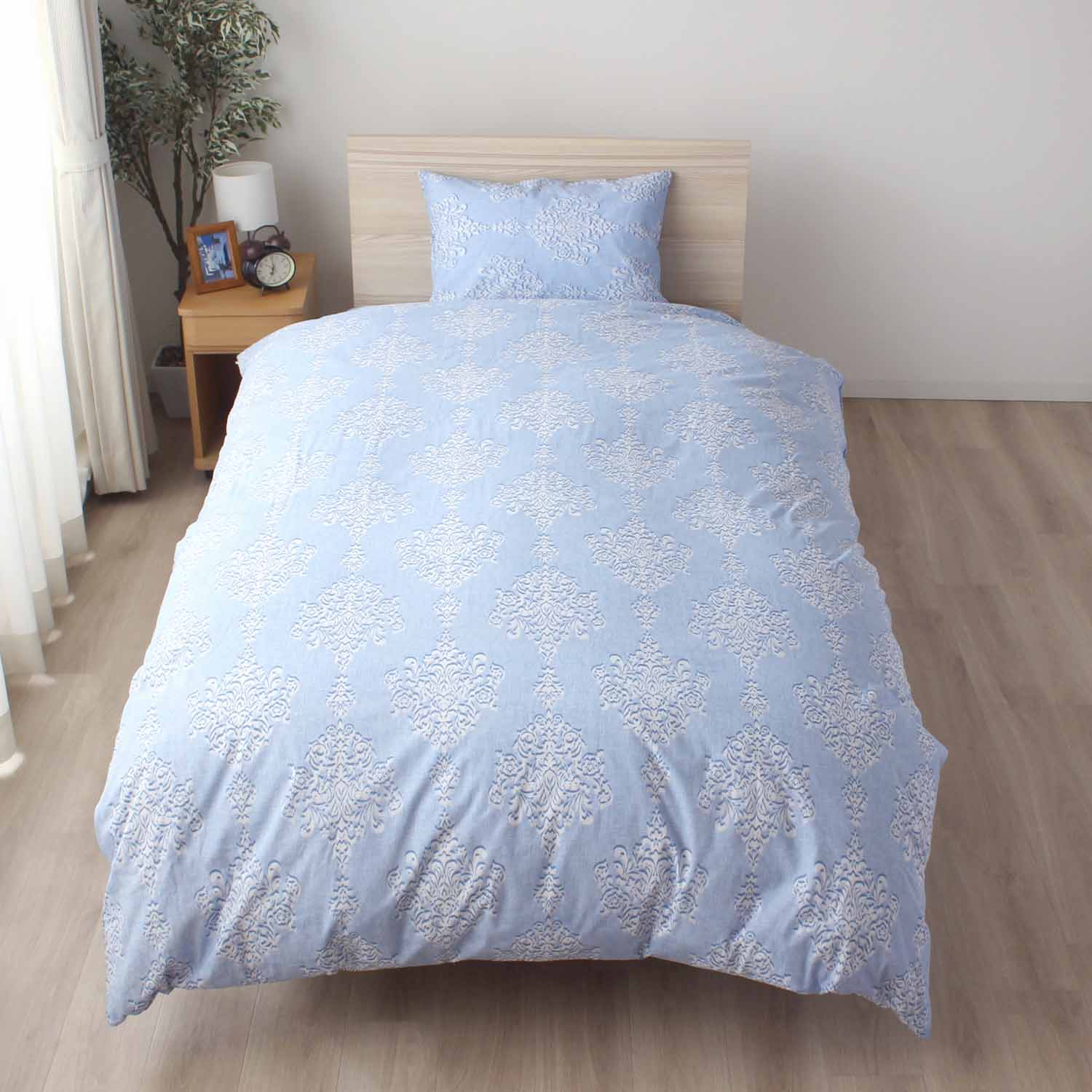 両サイドファスナー 掛ふとんカバー ブルー ベージュ 綿100％ ダマスク 着脱簡単