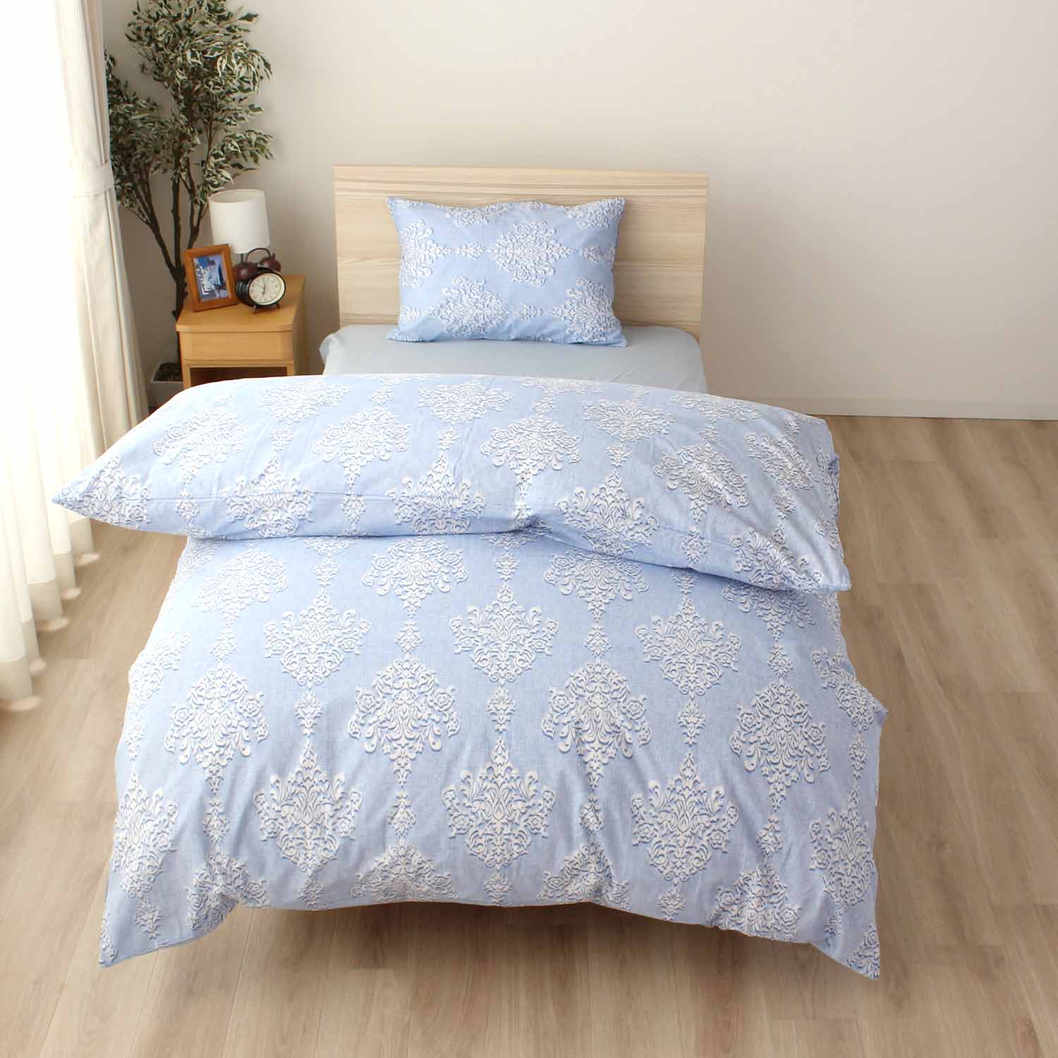 両サイドファスナー 掛ふとんカバー ブルー ベージュ 綿100％ ダマスク 着脱簡単