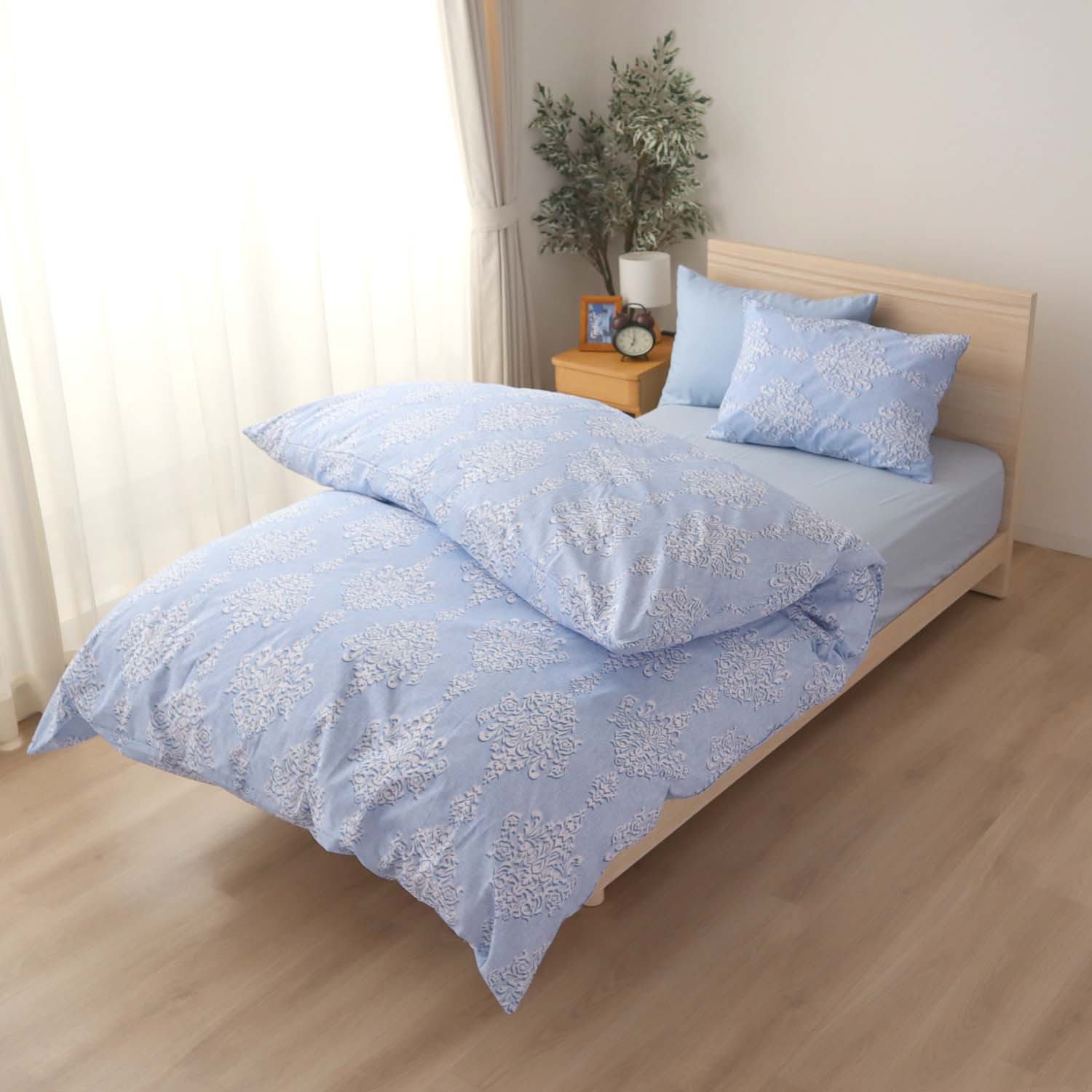 両サイドファスナー 掛ふとんカバー ブルー ベージュ 綿100％ ダマスク 着脱簡単