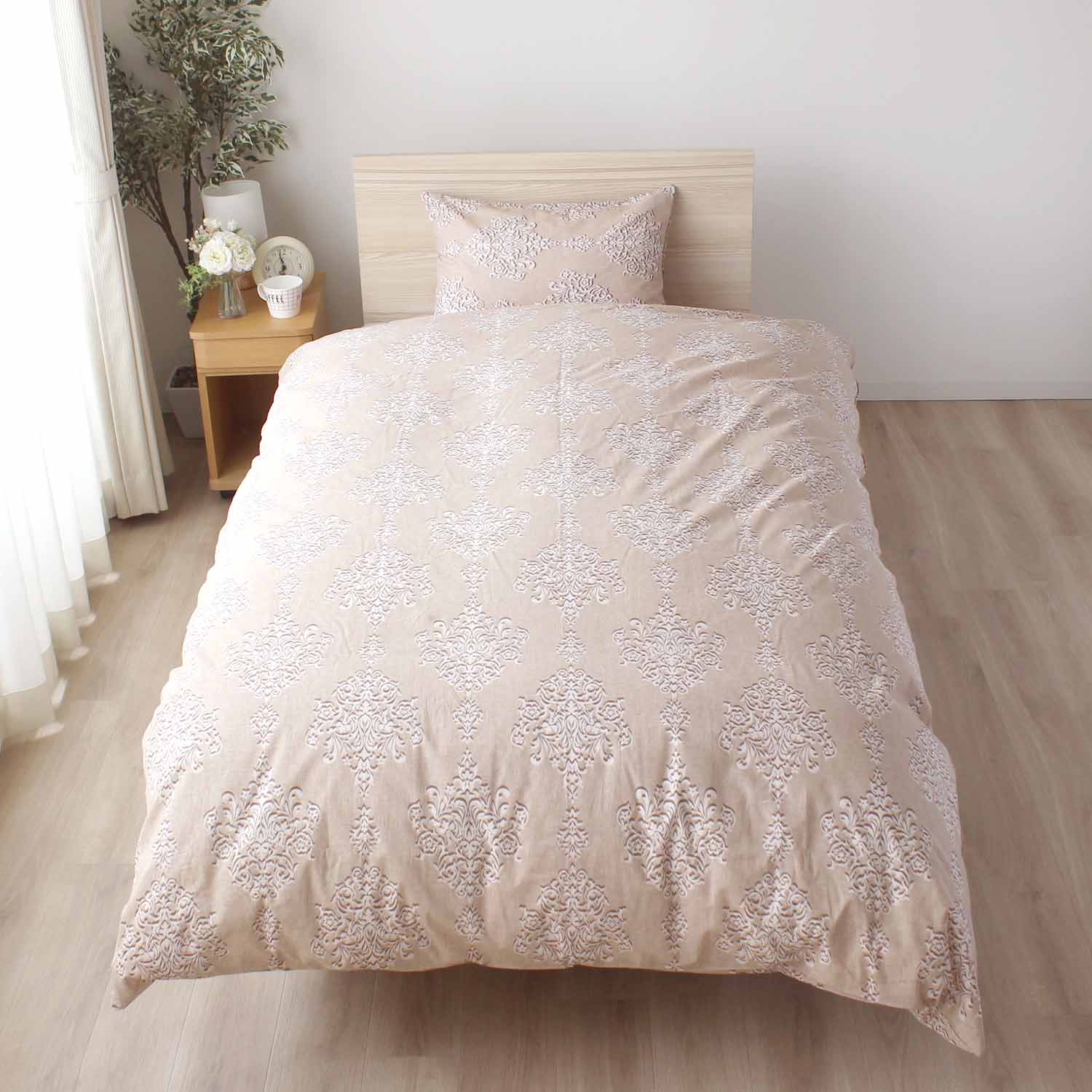 両サイドファスナー 掛ふとんカバー ブルー ベージュ 綿100％ ダマスク 着脱簡単