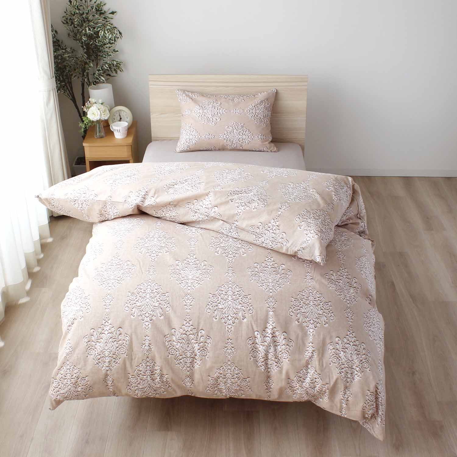 両サイドファスナー 掛ふとんカバー ブルー ベージュ 綿100％ ダマスク 着脱簡単