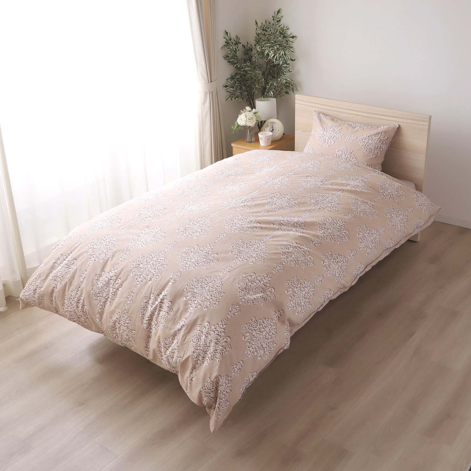 両サイドファスナー 掛ふとんカバー ブルー ベージュ 綿100％ ダマスク 着脱簡単