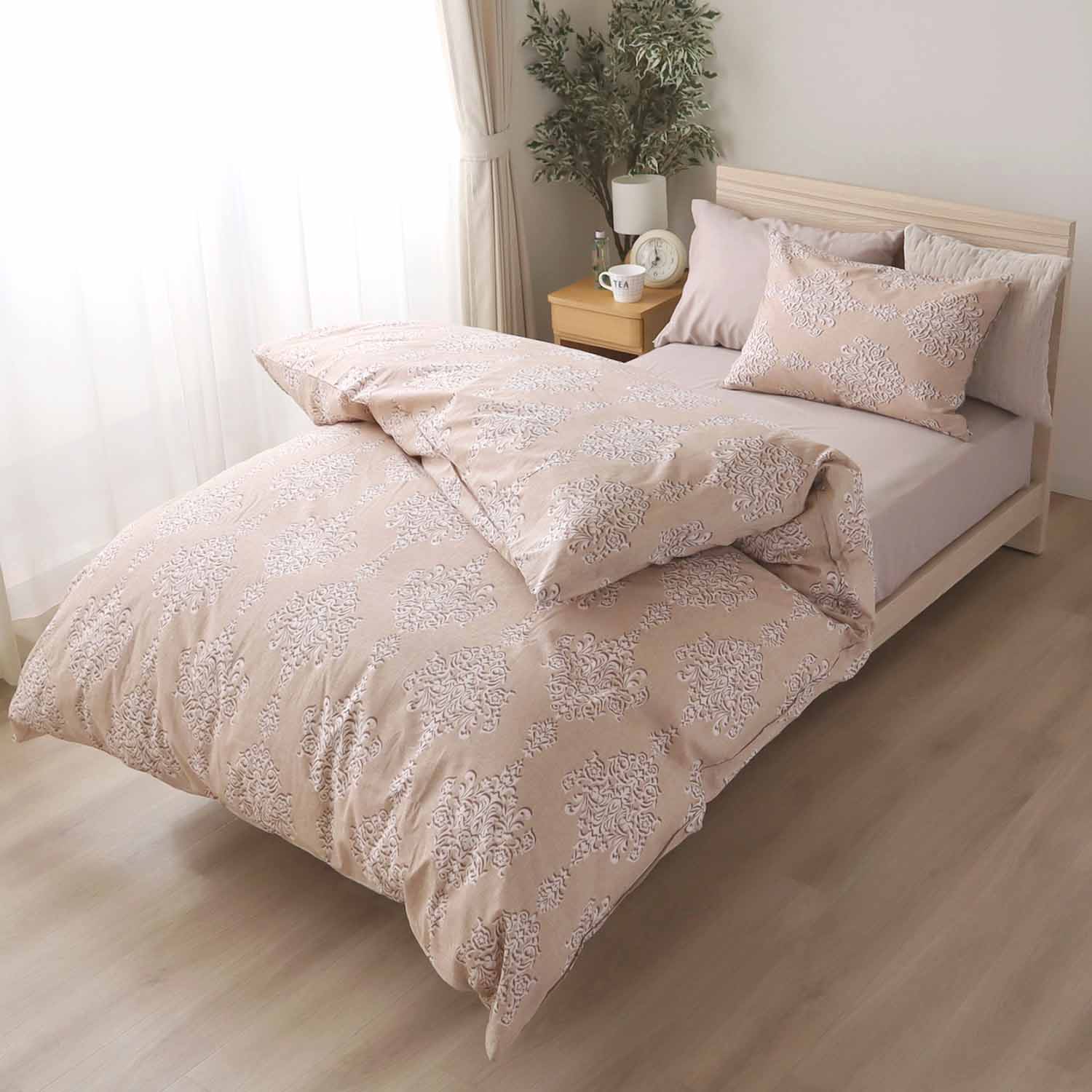 両サイドファスナー 掛ふとんカバー ブルー ベージュ 綿100％ ダマスク 着脱簡単