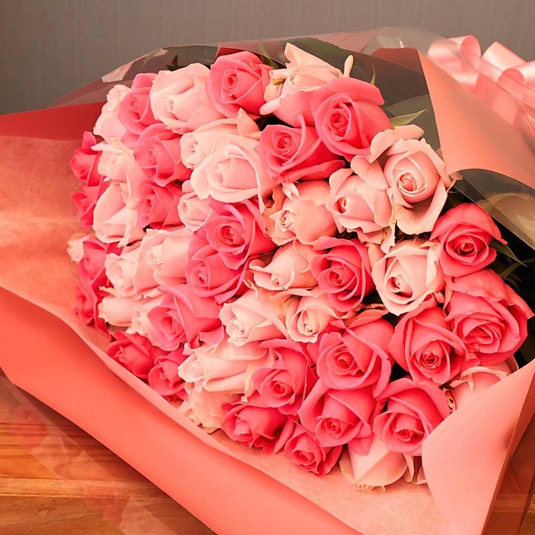 お祝い花束(ロング)「バラ ピンクミックス50」