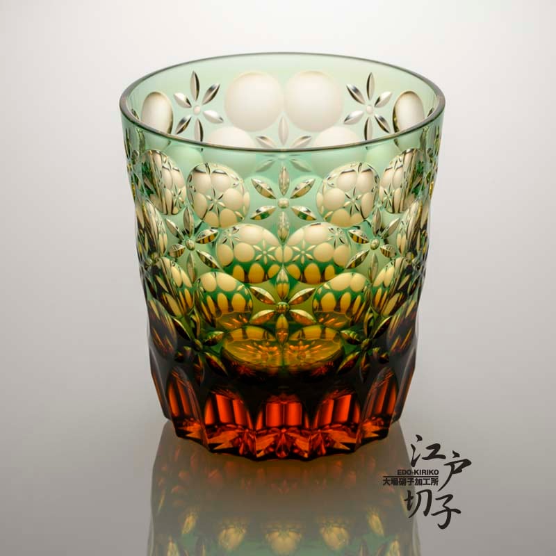 江戸切子 ロックグラス｜結婚祝い｜江戸切子の通販｜万華鏡 緑／琥珀