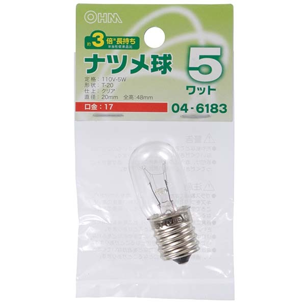長寿命ナツメ球 5W クリア 口金E17｜LB-T0705-CLL 04-6183｜通販