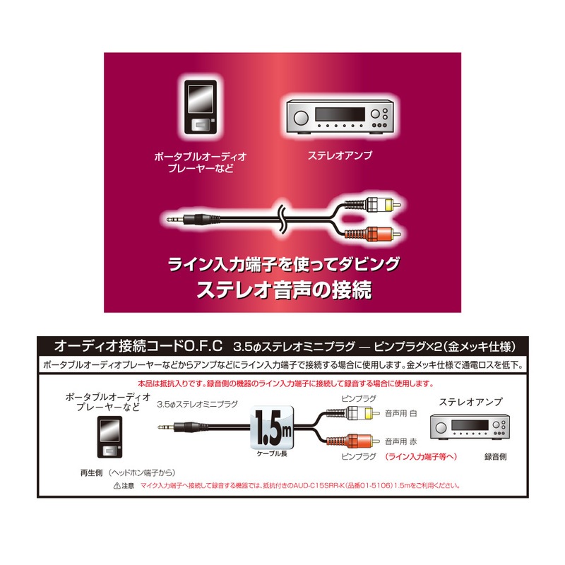 オーディオ接続コード φ3.5ステレオプラグ／ピンプラグ×2 長さ1.5m