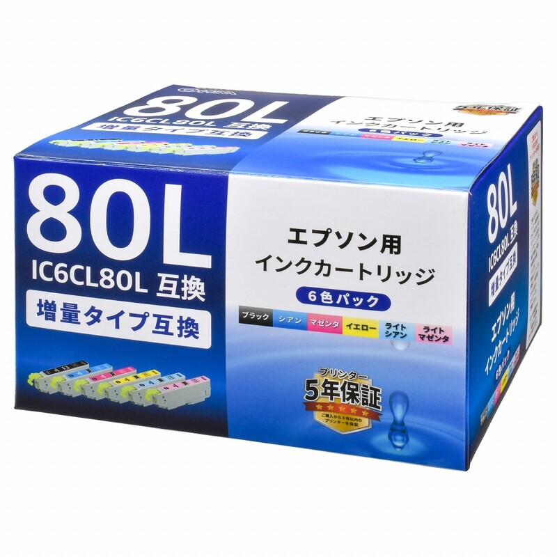 【未使用】エプソン互換インク IC6CL80L 5個セット EPSON(エプソン)互換インクカートリッジ IC6CL80L (とうもろこし