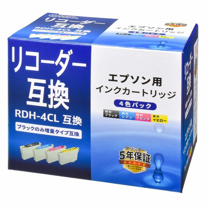 エプソン互換インク リコーダー RDH-4CL 4色入 ブラックのみ増量｜INK
