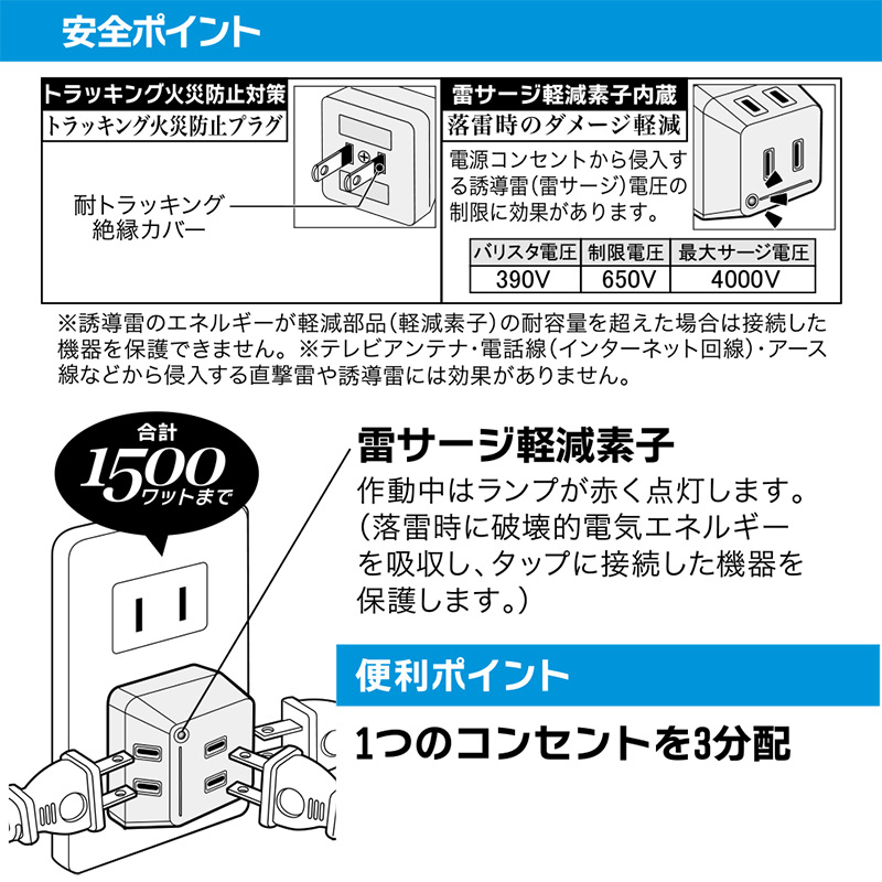 トリプルタップ 雷ガード 3個口 白｜HS-AK3PBT-W 00-6966｜通販