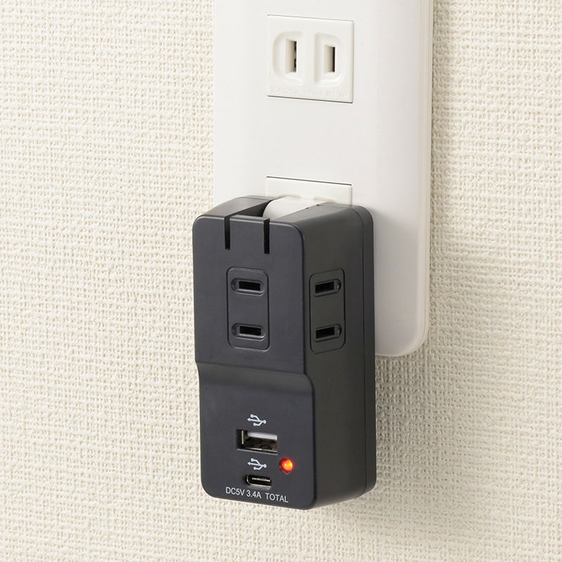 雷舞 モップス LTP-9043 帯付　補充表付　サンプル USBポート付き電源タップ3個口 Type-C/A各1個口 雷ガード