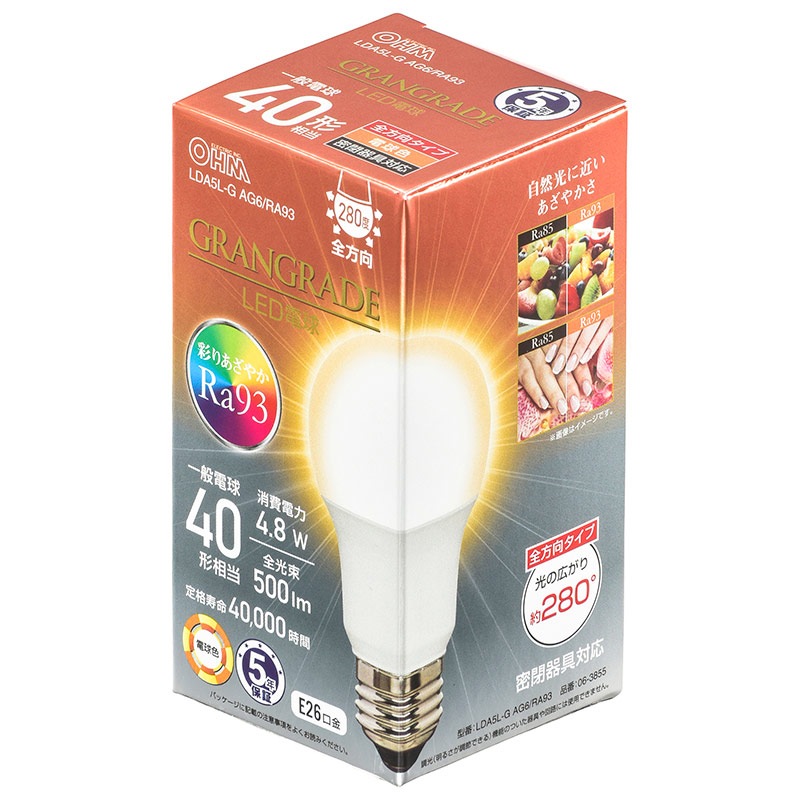 LED電球 E26 40形相当 電球色｜LDA5L-G AG6/RA93 06-3855｜通販