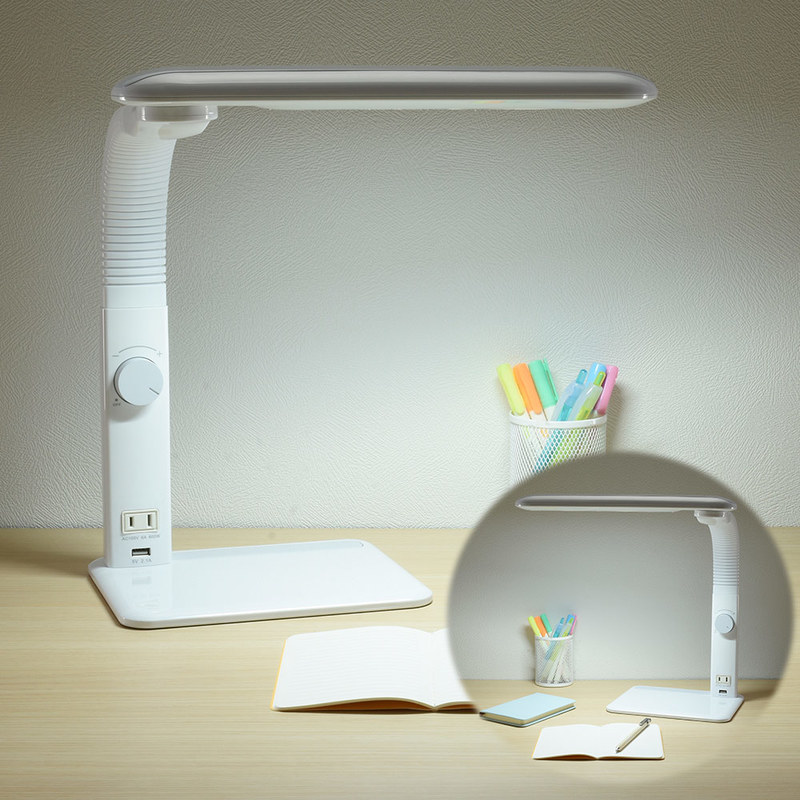 LED電気スタンド［調光付］ LED学習スタンド 調光 左右利き用 USBポート付 ホワイト｜ODS-LDAK6N