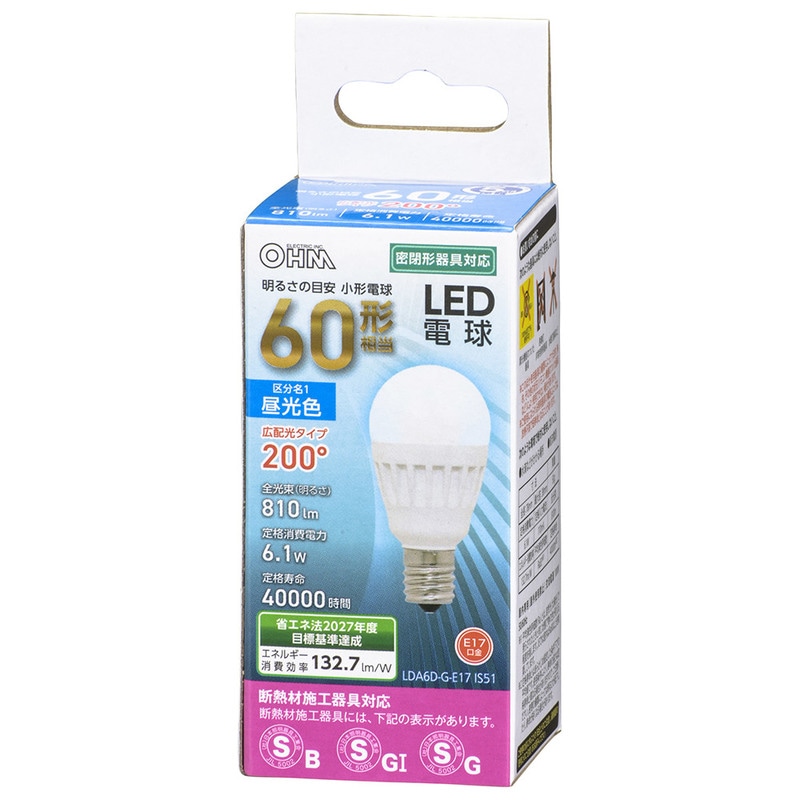 LED電球 小形 E17 60形相当 昼光色｜LDA6D-G-E17 IS51 06-4479
