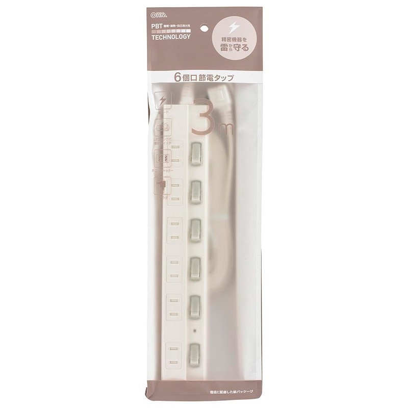 節電タップ 雷ガード 6個口 3m｜HS-TPK63W-22 00-1578｜通販ならオーム