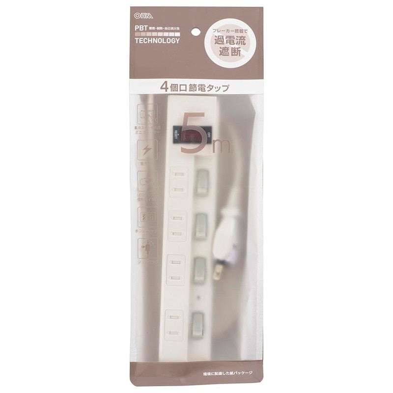 節電タップ 雷ガード/ブレーカー付 4個口 5m｜HS-TPKV45W-22 00-1581