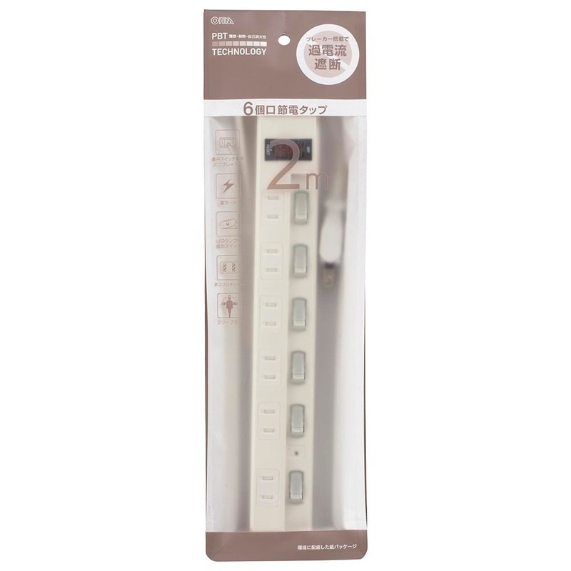 節電タップ 雷ガード/ブレーカー付 6個口 2m｜HS-TPKV62W-22 00