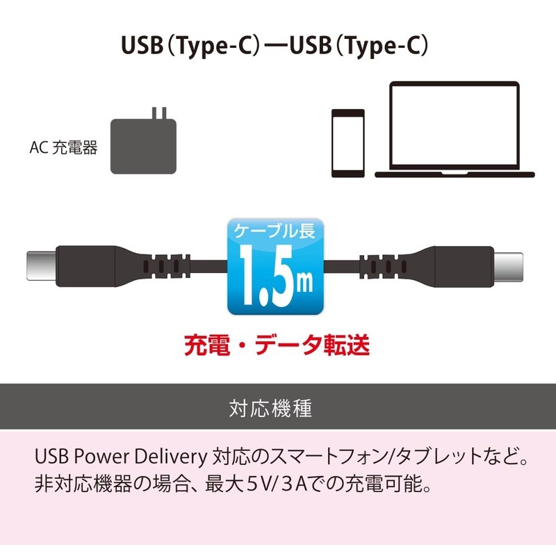 AudioComm PD対応Type-Cケーブル USB-C to USB-C 1.5m ブラック｜SMT