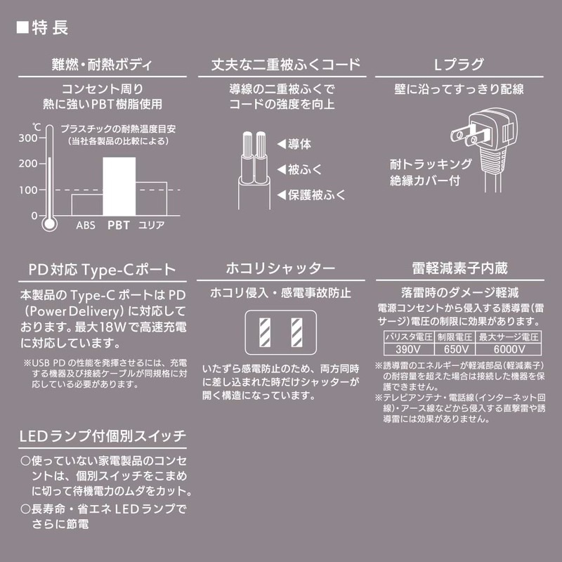 4個口節電タップ 雷ガード PD対応Type-C/Type-Aポート付き 2m ブラック