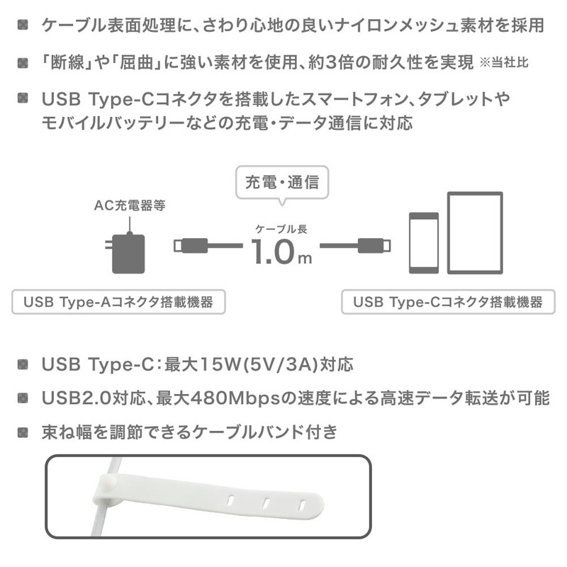 AudioComm さらさらUSBケーブル Type-AtoC 1m｜SMT-L10SCA15N 01-7251
