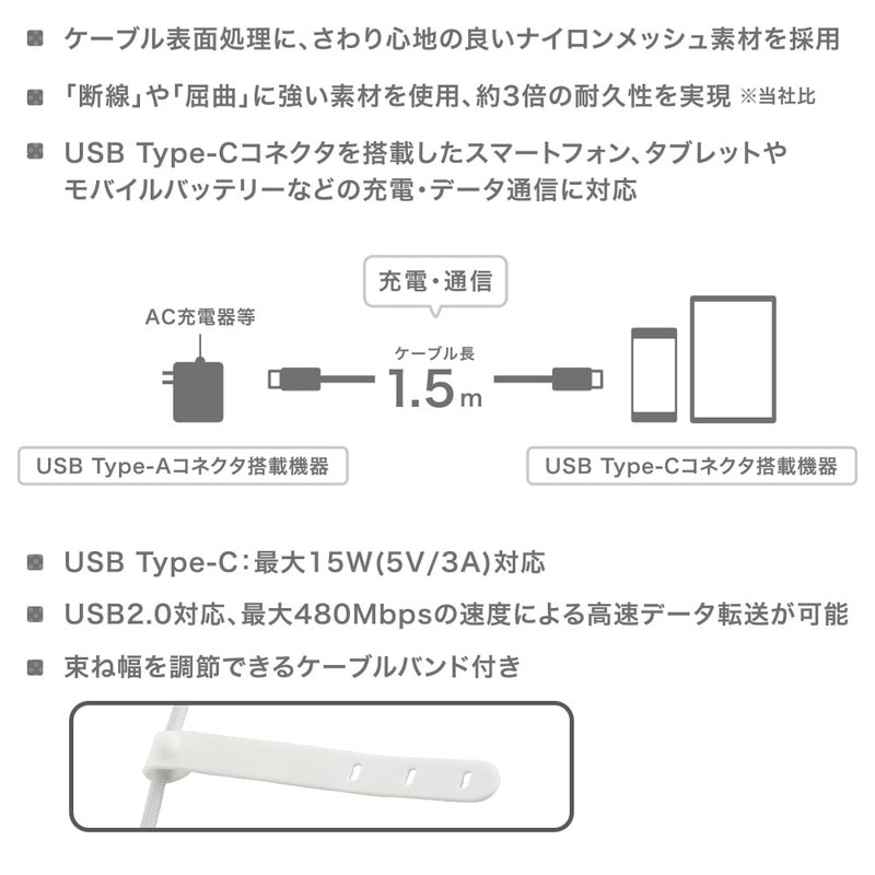 AudioComm さらさらUSBケーブル Type-AtoC 1.5m｜SMT-L15SCA15N 01