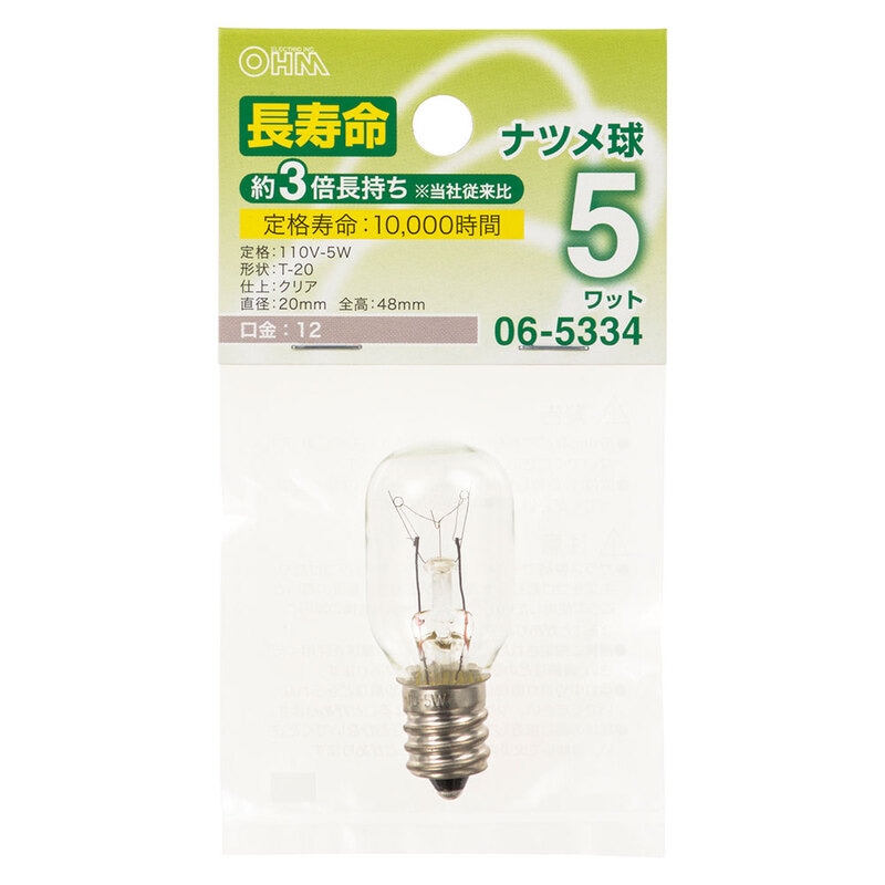 長寿命ナツメ球 E12 5ワット クリア｜LB-T20E12110V-LL5WC 06-5334