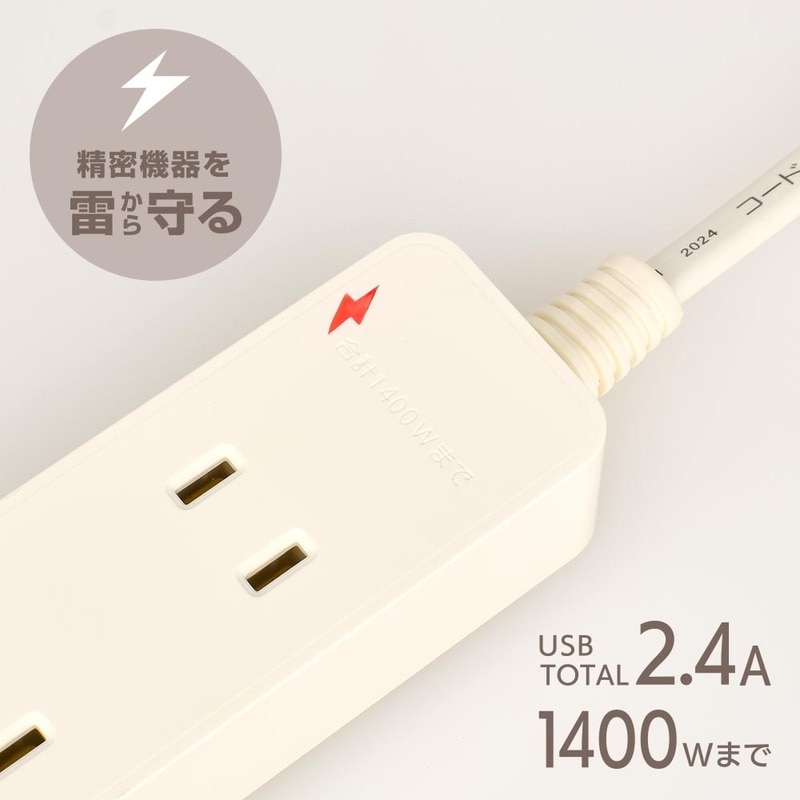 2個口タップ 雷ガード/USBポート付き 1m｜HS-TKU21W22 00-1655