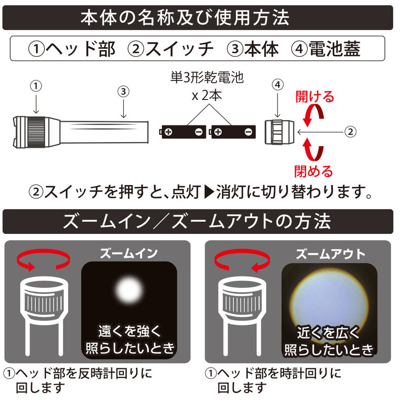 LEDズームライト 250ルーメン｜LHA-Z25D5 08-1639｜通販ならオーム電機