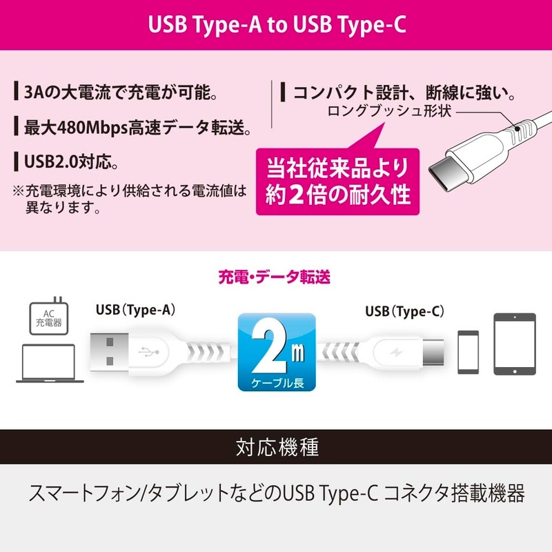 AudioComm USB-A to USB-C 2m ホワイト｜SMT-L20DAC-W 01-7323