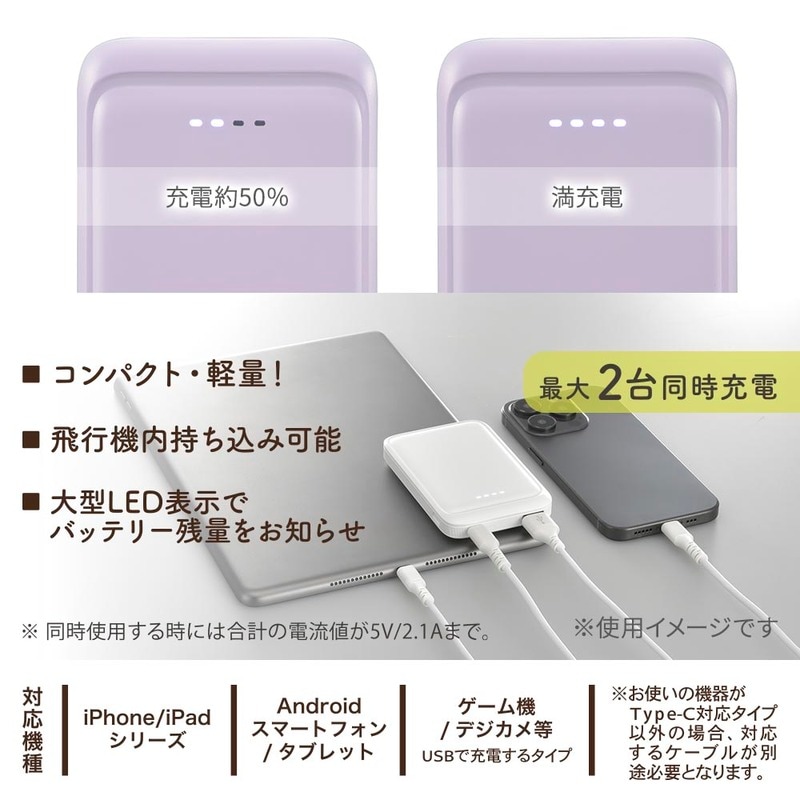 【未開封未使用】ポータプルマルチバッテリー　ラベンダー SmartComm モバイルバッテリー 5000mAh ラベンダーミスト｜SMP-MB50-PU