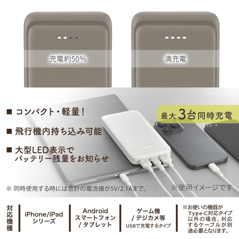 SmartComm モバイルバッテリー 10000mAh ラテ・グレージュ｜SMP-MB100