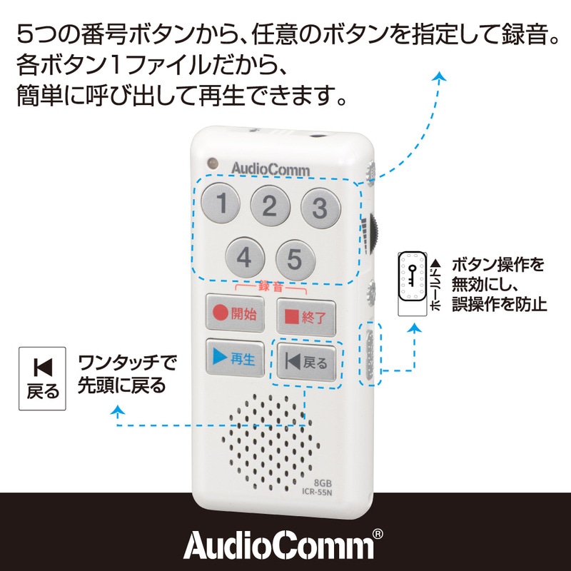 AudioComm 簡単ICレコーダー55 ホワイト｜ICR-55N 03-5040｜通販なら