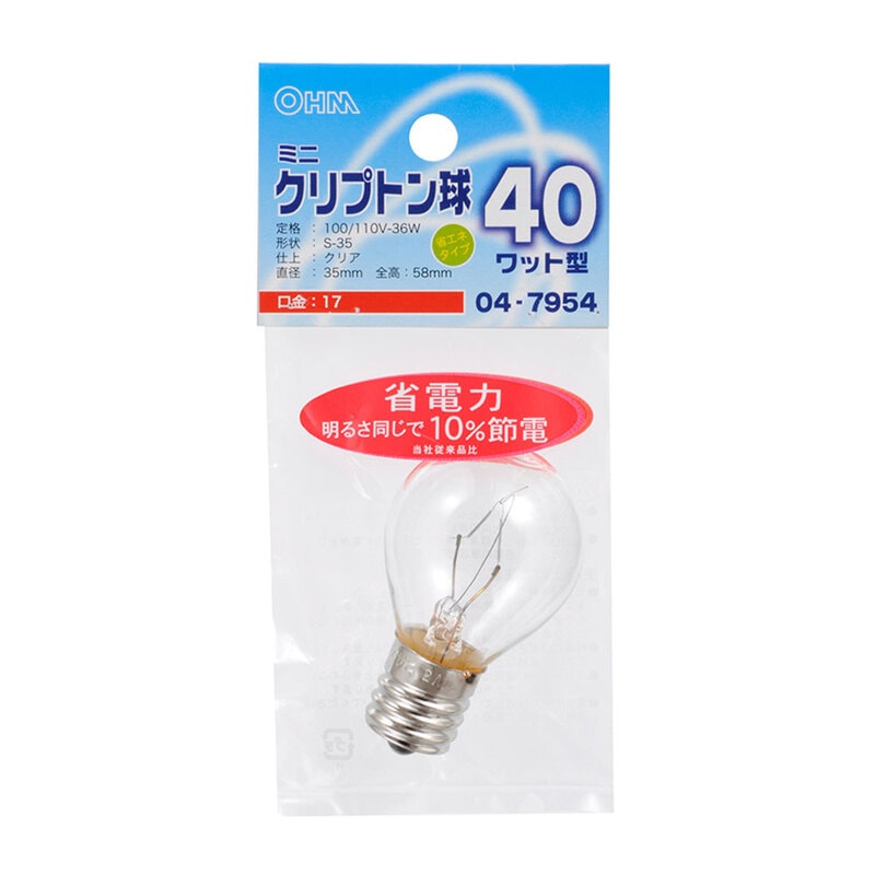 ミニクリプトン電球 E17 40W形 クリア｜LB-S3740K-C 04-7954｜通販なら