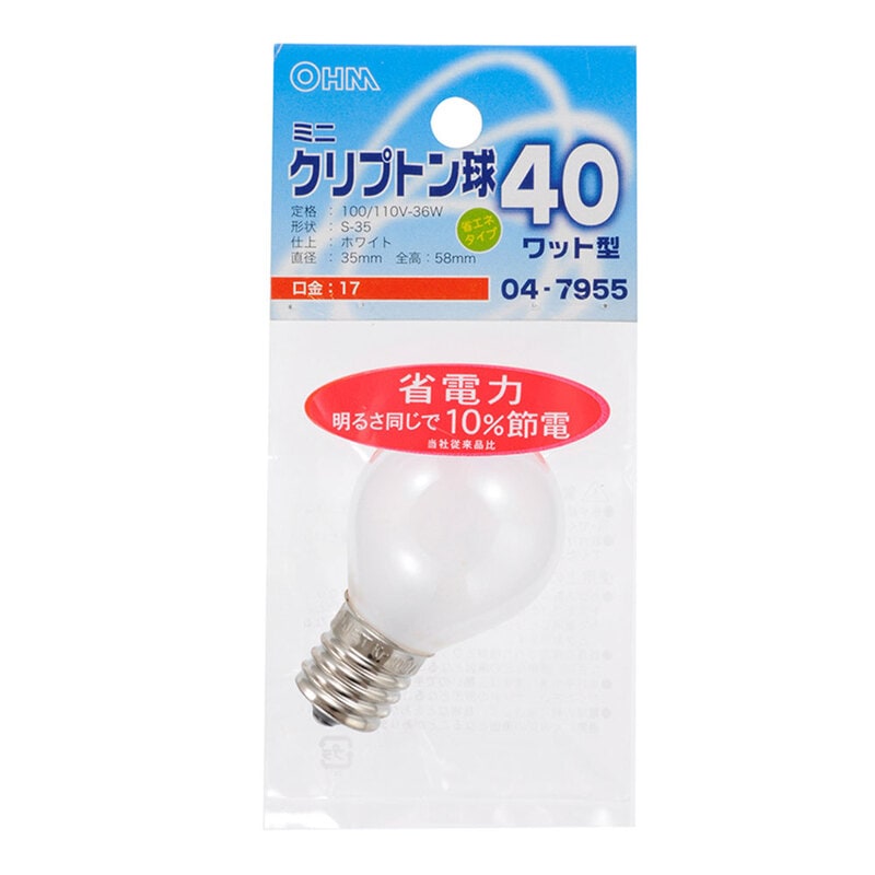 ミニクリプトン電球 E17 40W形 ホワイト｜LB-S3740K-W 04-7955｜通販
