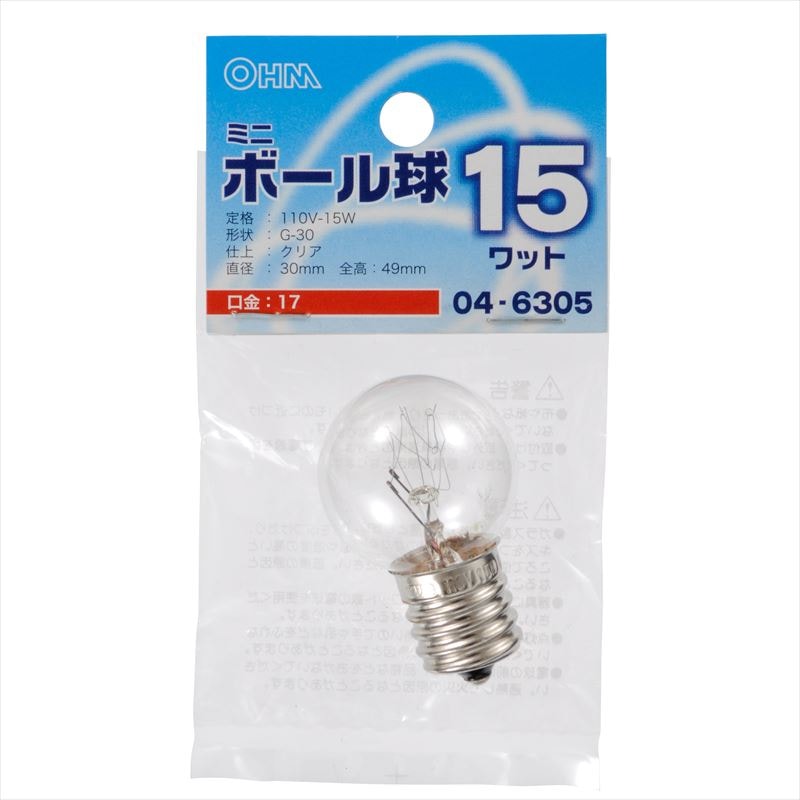 ひとり　電球　15個 白熱球 ミニボール形 G30 E17 15W クリア｜LB-G3715-C 04-6305｜通販