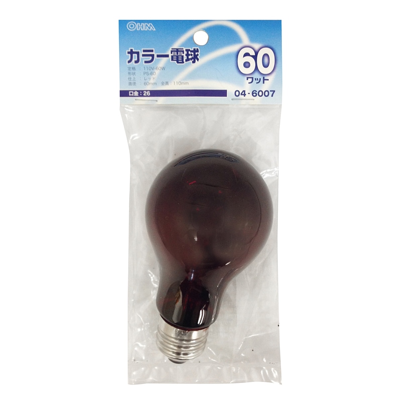 白熱電球 カラー E26 60W レッド｜LB-PS6660-CR 04-6007｜通販