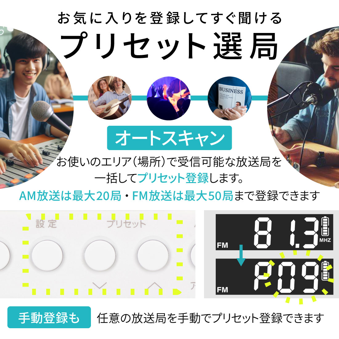 AudioComm 2バンドハンディラジオ ホワイト｜RAD-H225N-W 03-7055