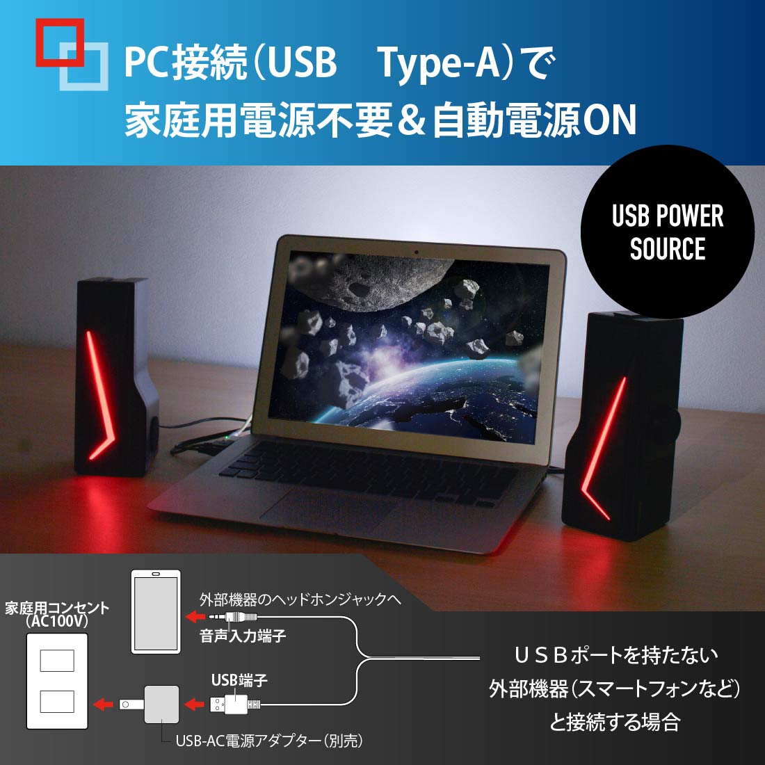 AudioComm ゲーミングUSB電源スピーカー｜ASP-U180Z 03-5027