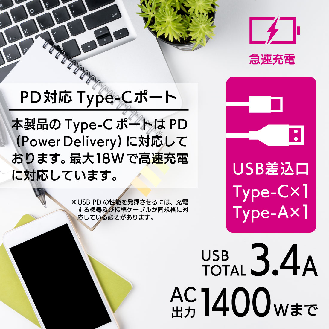 2�ĸ����å� PD�б�Type-C/Type-A�ݡ����դ� 1m �ۥ磻�ȡ�HS-TU21PD23-W 00-1001
