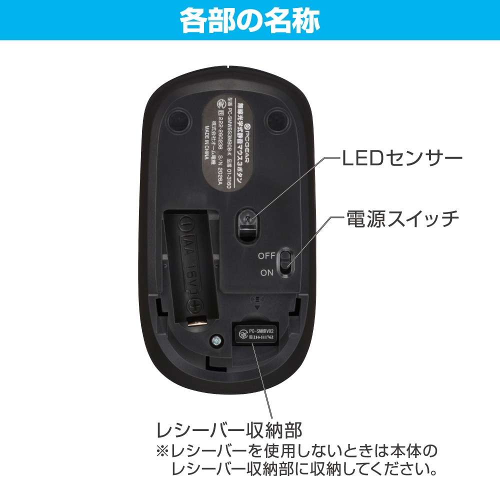 PCGEAR 無線光学式静音マウス Mサイズ ブラック｜PC-SMWBS3MB08-K 01
