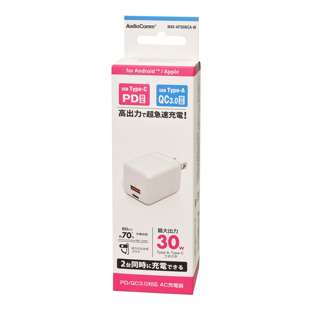 AudioComm PD/QC�б� AC���Ŵ� Type-C/A 30W��MAV-AP30WCA-W 01-7367