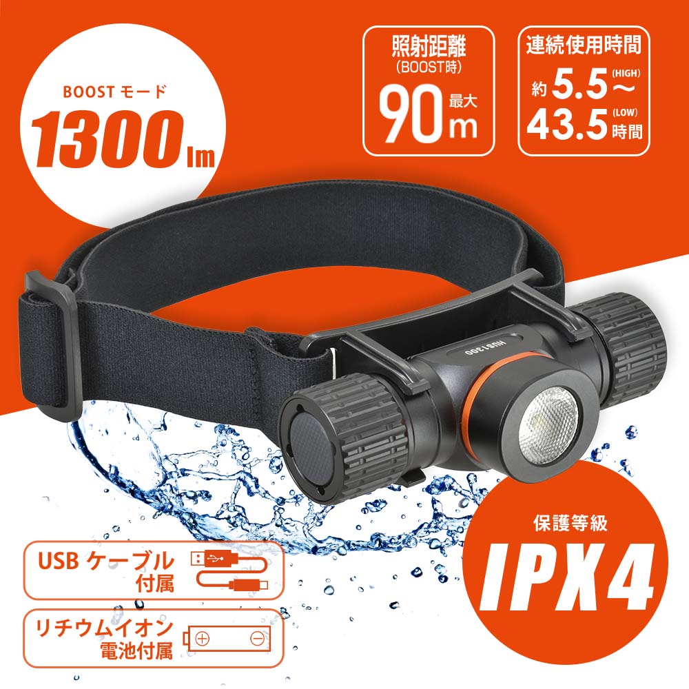 充電式LEDヘッドライト 1300ルーメン｜LC-HUS1300-K 08-1394｜通販なら