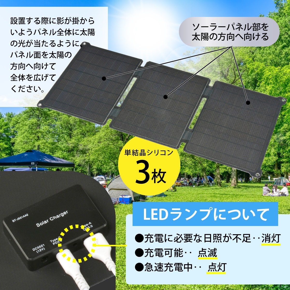 折り畳み式ソーラーパネル充電器 21W｜BT-JS21AA2 05-1175｜通販なら