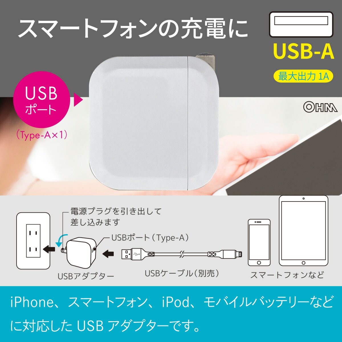 USB�����ץ��� Type-A 1A��HS-AU11E-W 00-7085