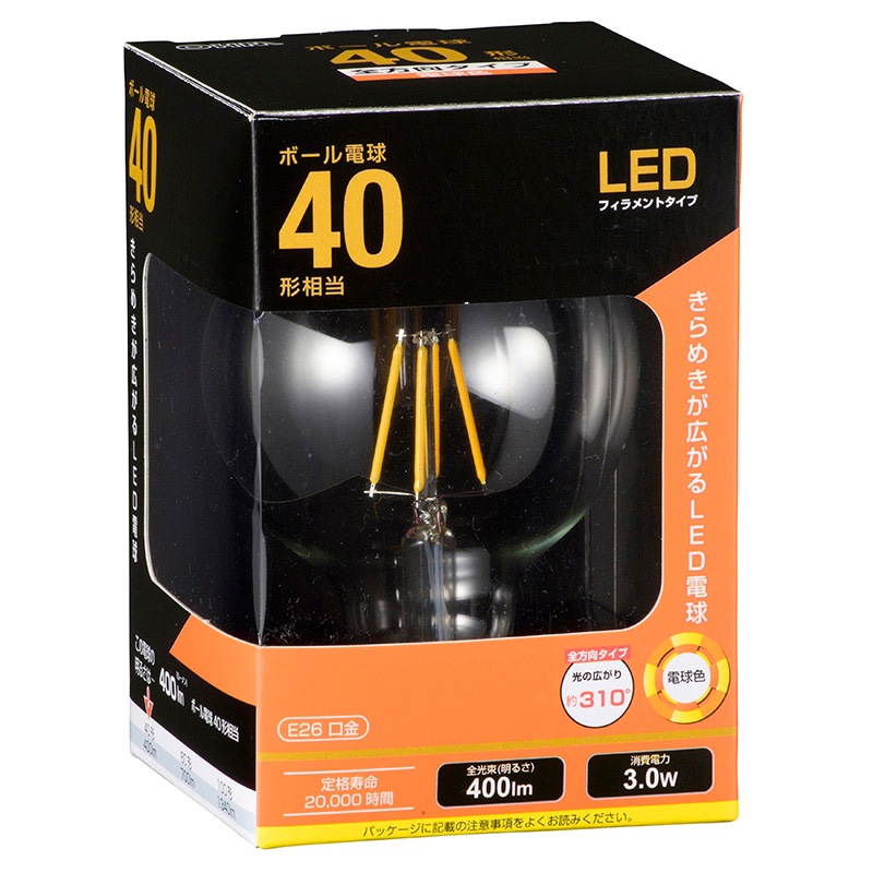 東芝製　LECF18L-W16GH3085 電球色　 新品、未使用品 LED電球 フィラメント ボール電球 E26 40形 電球色 クリア 全