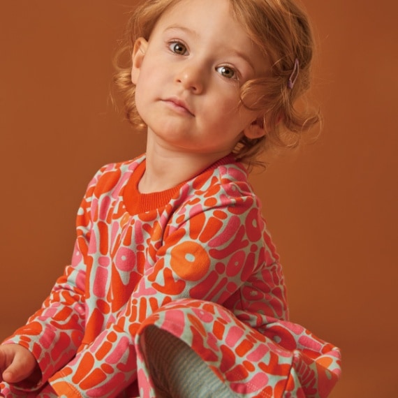 【YF23GDR063】128 サイズ ワンピース 長袖 ロゴ オイリリーマニア ブルーグレー 赤 綿 [子供服]